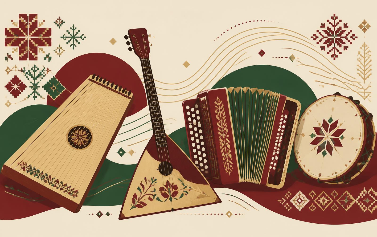 Illustration of traditional folk instruments: gusli, balalaika, accordion and frame drum with Slavic embroidery motifs